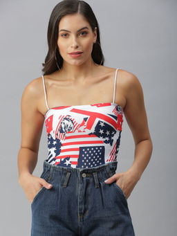 SHOWOFF - Women White Abstract Tube Crop Top