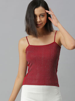 SHOWOFFFF - Women Maroon Embellished Fitted Top