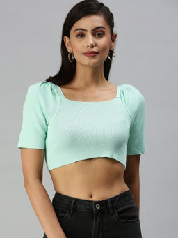 SHOWOFFFF - Women Sea Green Solid Fitted Crop Top