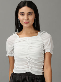 SHOWOFFFF - Women White Solid Blouson Crop Top