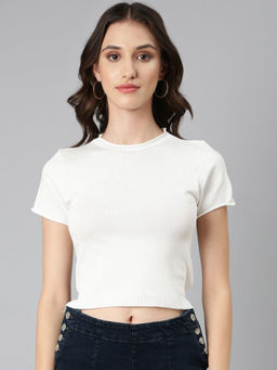 SHOWOFF - Women Off White Solid Fitted Crop Top