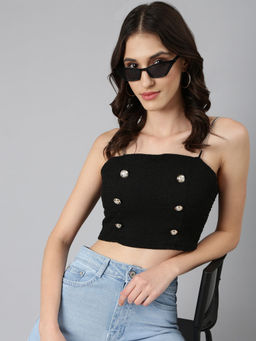 SHOWOFF - Women Black Self Design Bralette Crop Top