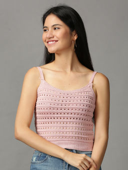 SHOWOFFFF - Women Pink Self Design Fitted Crop Top