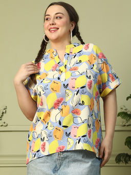 Oxolloxo - Plus Size Multicolour Fruit Print V-Neck Short Sleeve Top
