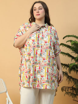 Oxolloxo - Plus Size Multicolour Tropical Print Collared Short Sleeve Button Down Tunic Shirt