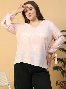 Oxolloxo - Plus Size Light Pink Floral Print V-Neck Long Sleeve With Tie-Up Detail Top