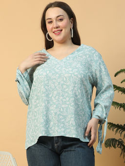 Oxolloxo - Plus Size Blue Floral Print V-Neck Long Sleeve With Tie-Up Detail Top