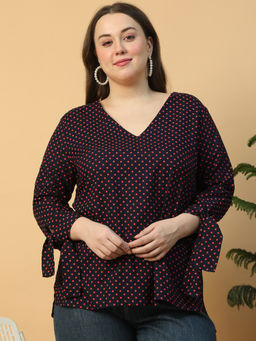 Oxolloxo - Plus Size Navy Blue Polka Dot Print V-Neck Long Sleeve With Tie-Up Detail Top