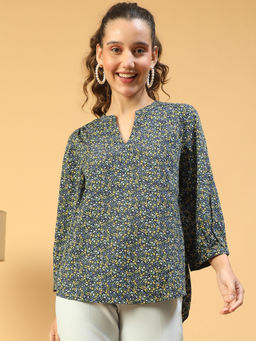 Oxolloxo - Women Green Floral Print V-Neck Top With Long Sleeve