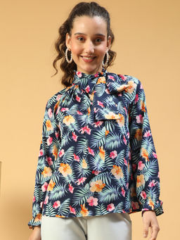 Oxolloxo - Women Blue Floral Print Round Neck With Ruffle Detail Long Sleeve Top