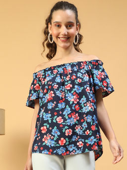 Oxolloxo - Women Blue Floral Print Short Sleeve Ruffle Detailed Elasticated Off Shoulder Top