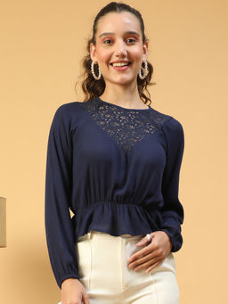 Oxolloxo - Women Blue Round Neck Lace Detailed Long Sleeve Elasticated Peplum Cotton Top