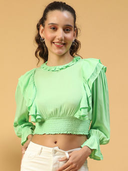 Oxolloxo - Women Green Round Neck Long Sleeve Top With Ruffle And Smocking Detail Crop Top