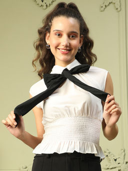 Oxolloxo - Women White Ripped Neck Short Sleeve Tie Bow Top With Smocking Detail