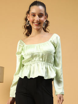 Oxolloxo - Women Solid Green Round Neck Long Sleeve Elasticated Satin Top