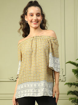 Oxolloxo - Women Yellow Floral Print Off - Shoulder Elasticated Top