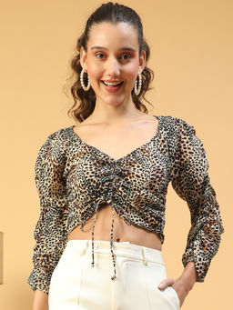 Oxolloxo - Women Brown Animal Print Long Sleeve V-Neck Crop Top With Tie-Up Detail