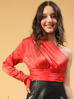 Oxolloxo - Women Solid Red One-Off Shoulder Satin Crop Top With Gathered Detail