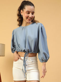 Oxolloxo - Women Solid Blue Round Neck Long Sleeve Elasticated Tie-Up Detail Crop Top