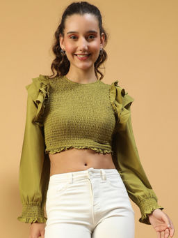 Oxolloxo - Women Solid Green Round Neck Long Sleeve Smocked Ruffle Crop Top