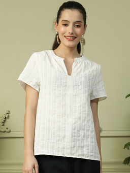 Oxolloxo - Women White Mandarin Neck Short Sleeve Cotton Dobby Top