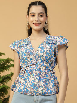 Oxolloxo - Women Blue Floral Print V-Neck Short Sleeve Frill Detail Peplum Top