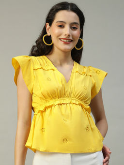Oxolloxo - Women Solid Yellow Dobby Meld V-Neck Short Sleeve Frill Detail Cotton Peplum Top