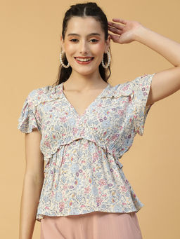 Oxolloxo - Women Multicolour Floral Print V-Neck Short Sleeve Frill Detail Peplum Top