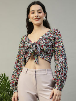 Oxolloxo - Women Multicolour Floral Print V-Neck Tie-Knotted Long Sleeve Crop Top