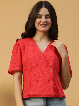 Oxolloxo - Women Red V-Neck Button Detailed Short Sleeve Cotton Dobby Top