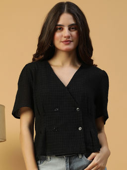 Oxolloxo - Women Black V-Neck Button Detailed Short Sleeve Cotton Dobby Top