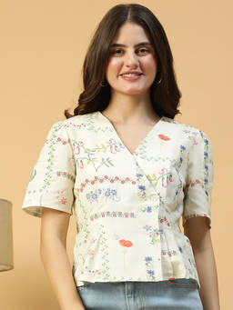 Oxolloxo - Women Off-White Floral Print V-Neck Button Detailed Short Sleeve Cotton Top
