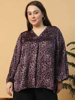 Oxolloxo - Plus Size Wine Animal Print V- Neck Long Sleeve Satin Top