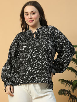 Oxolloxo - Plus Size Black Dot Print Round Neck With Tie-Up String Long Sleeve Top