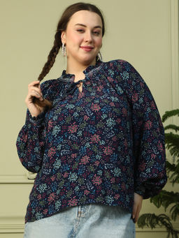 Oxolloxo - Plus Size Navy Blue Floral Print Round Neck With Tie-Up String Long Sleeve Top