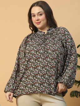 Oxolloxo - Plus Multicolor Floral Print Round Neck With Tie-Up String Long Sleeve Top