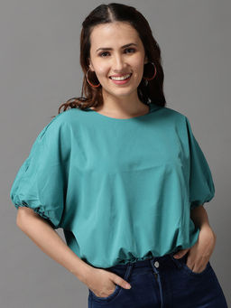 SHOWOFF - Women Green Solid Cinched Waist Top