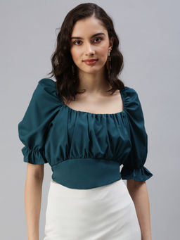 SHOWOFF - Women Green Solid Cinched Waist Crop Top