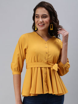 SHOWOFFFF - Women Mustard Solid Peplum Top