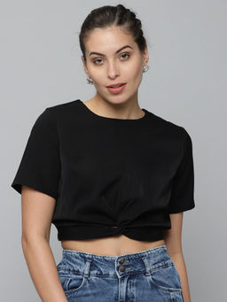 SHOWOFFFF - Women Black Solid Cinched Waist Crop Top