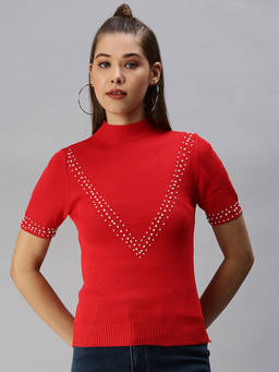 SHOWOFFFF - Women Red Solid Fitted Top