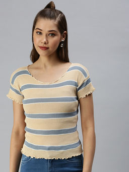 SHOWOFF - Women Beige Candy Stripes Fitted Top