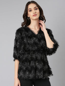 SHOWOFF - Women Black Solid Cinched Waist Top