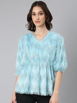 SHOWOFFFF - Women Blue Solid Cinched Waist Top