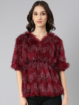 SHOWOFF - Women Maroon Solid Cinched Waist Top