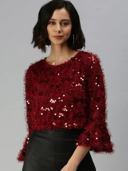SHOWOFFFF - Women Maroon Embellished Crop Top