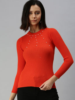 SHOWOFF - Women Orange Embellished Fitted Top