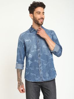 Guess - Men Blue Printed Spread Collar Full Sleeves Denim Shirt
