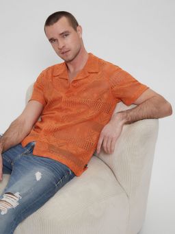 Guess - Men Orange Self Design Collar Short Sleeves Shirt