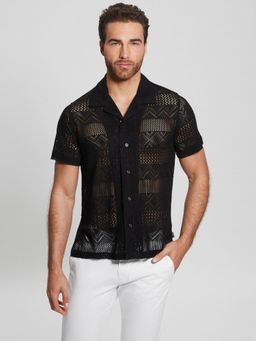 Guess - Men Black Self Design Collar Shirt